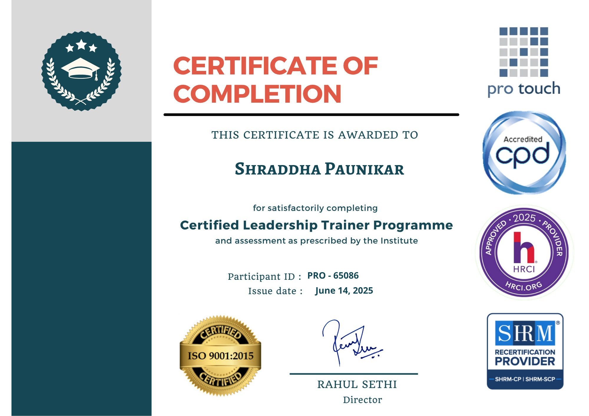ProTouch Certified Leadership Trainer certificate
